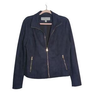 Andrew Marc Large Navy Blue Faux Suede Zip Up Moto Jacket Edgy Biker City Chic